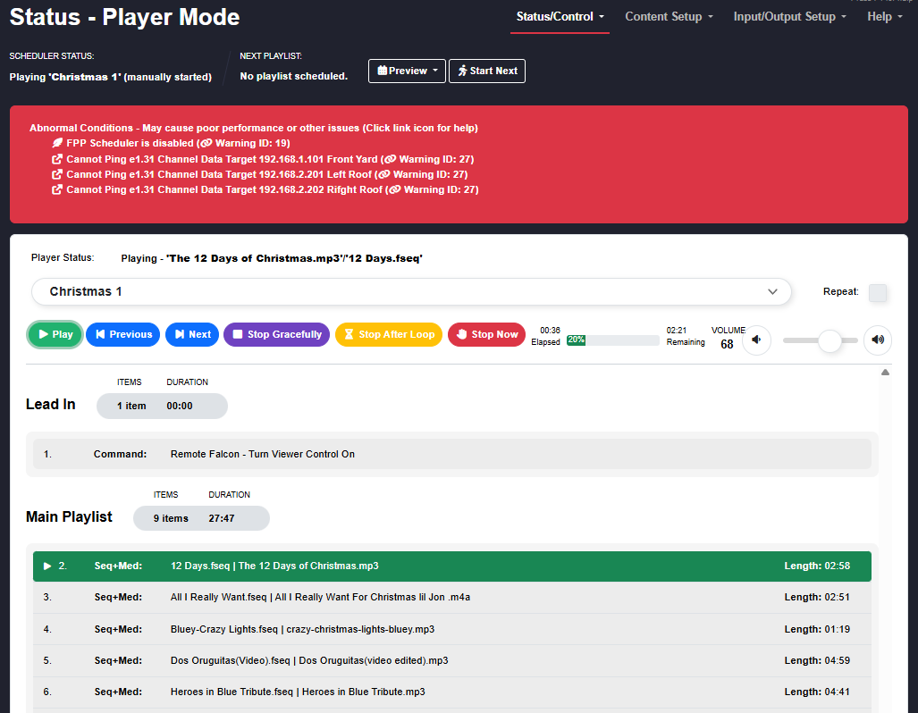 The Status page in Player mode.