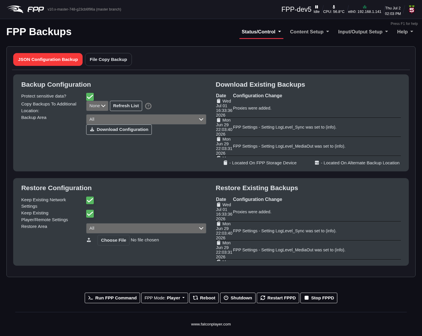 The FPP Backup page.