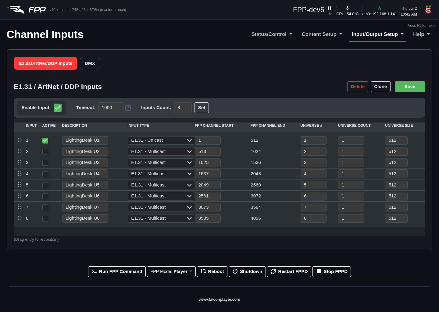 The Channel Inputs page.