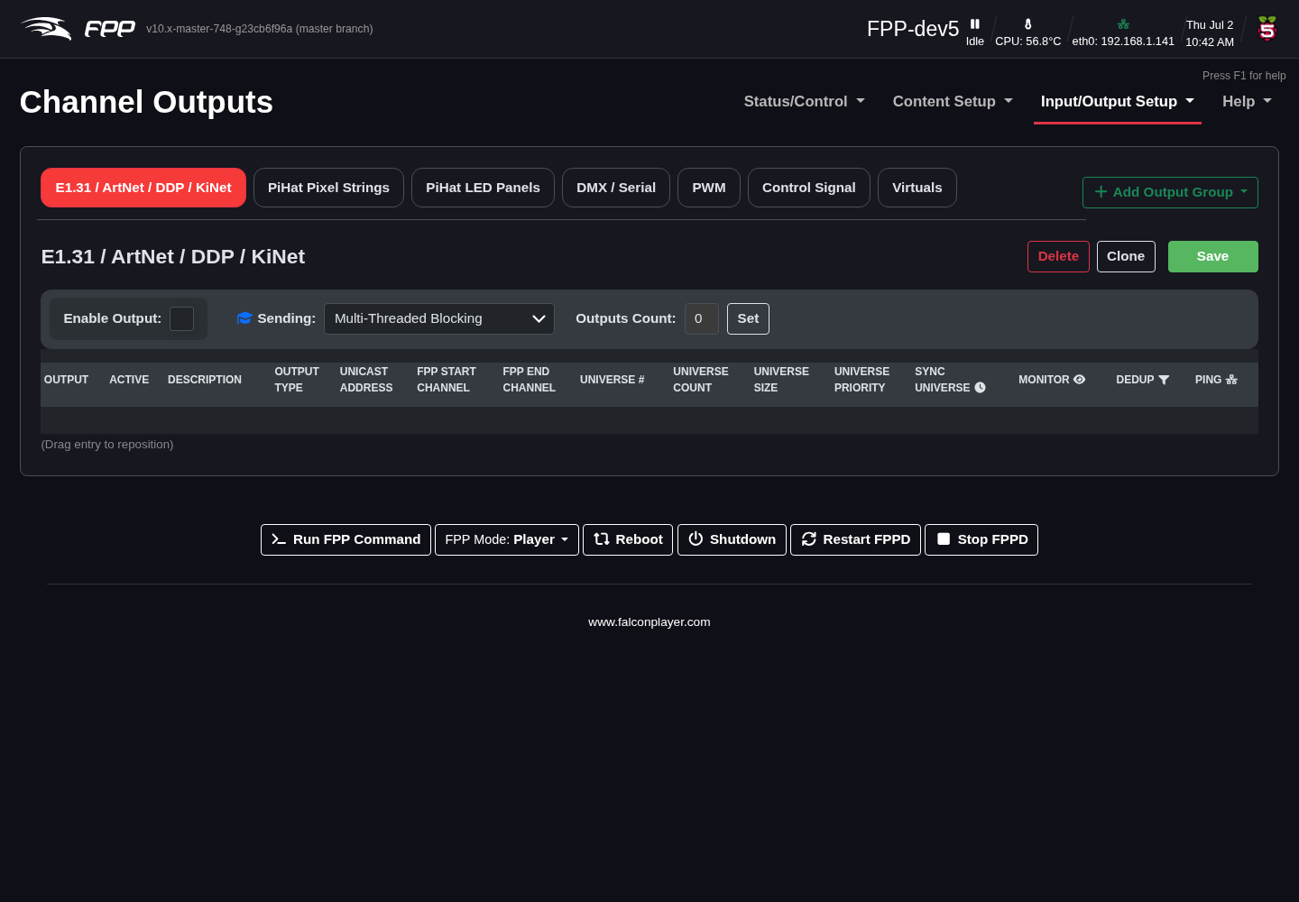 Channel Outputs — the E1.31 / ArtNet / DDP / KiNet tab.