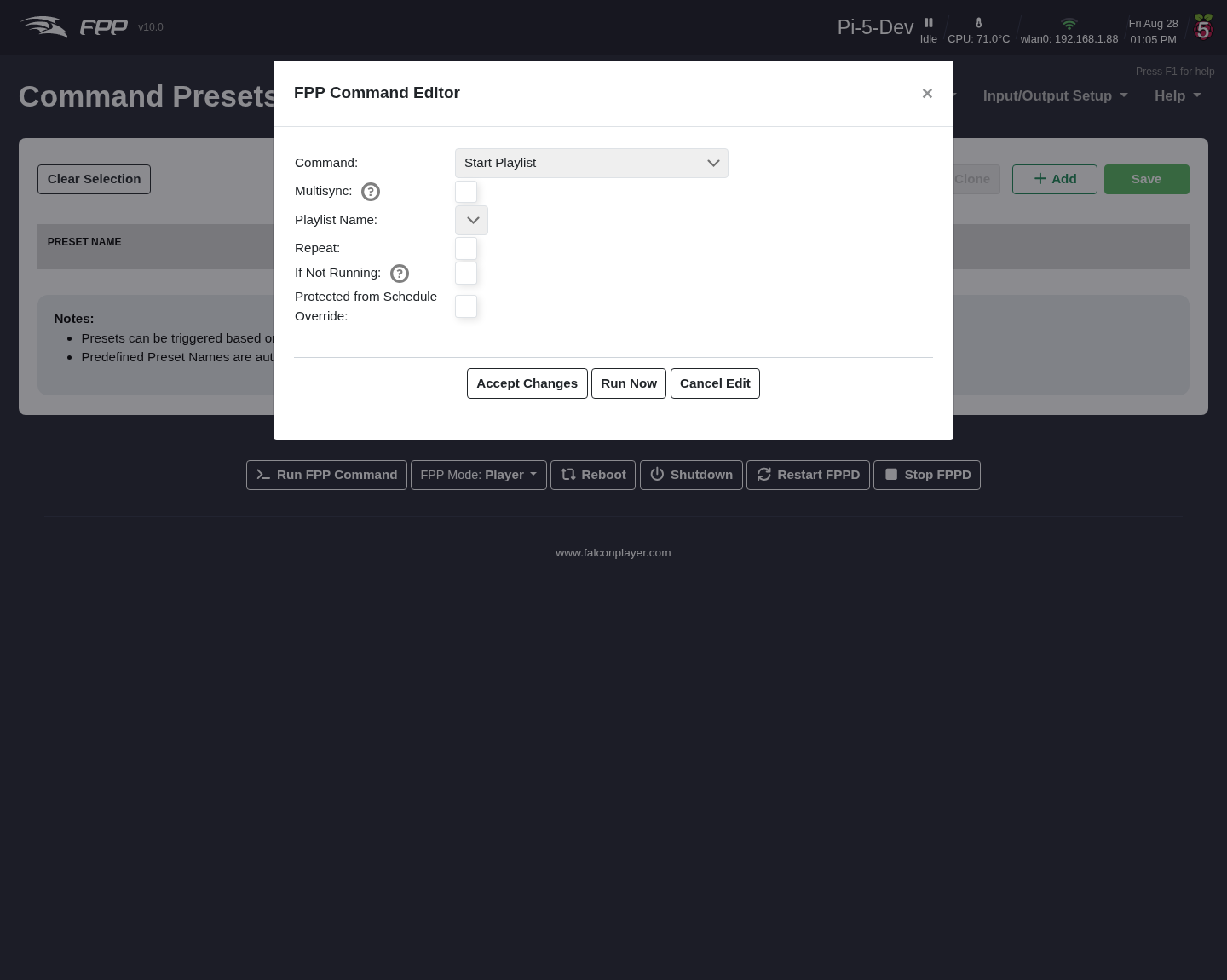The FPP Command Editor, with the *Start Playlist* command selected.