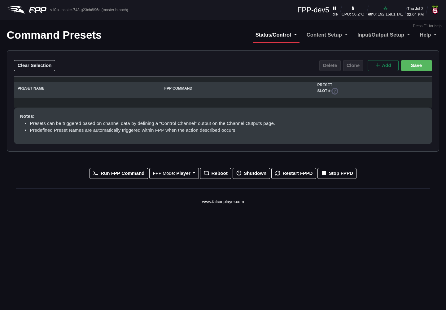 The Command Presets page.