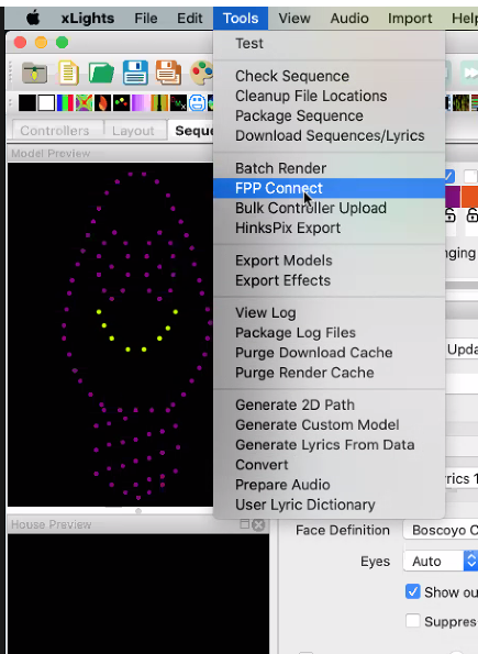 FPP Connect in xLights' Tools menu (Mac).