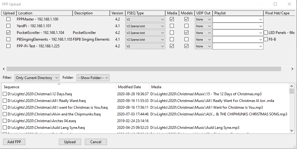 The FPP Connect upload list, showing discovered FPP devices.