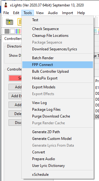 FPP Connect in xLights' Tools menu (Windows).