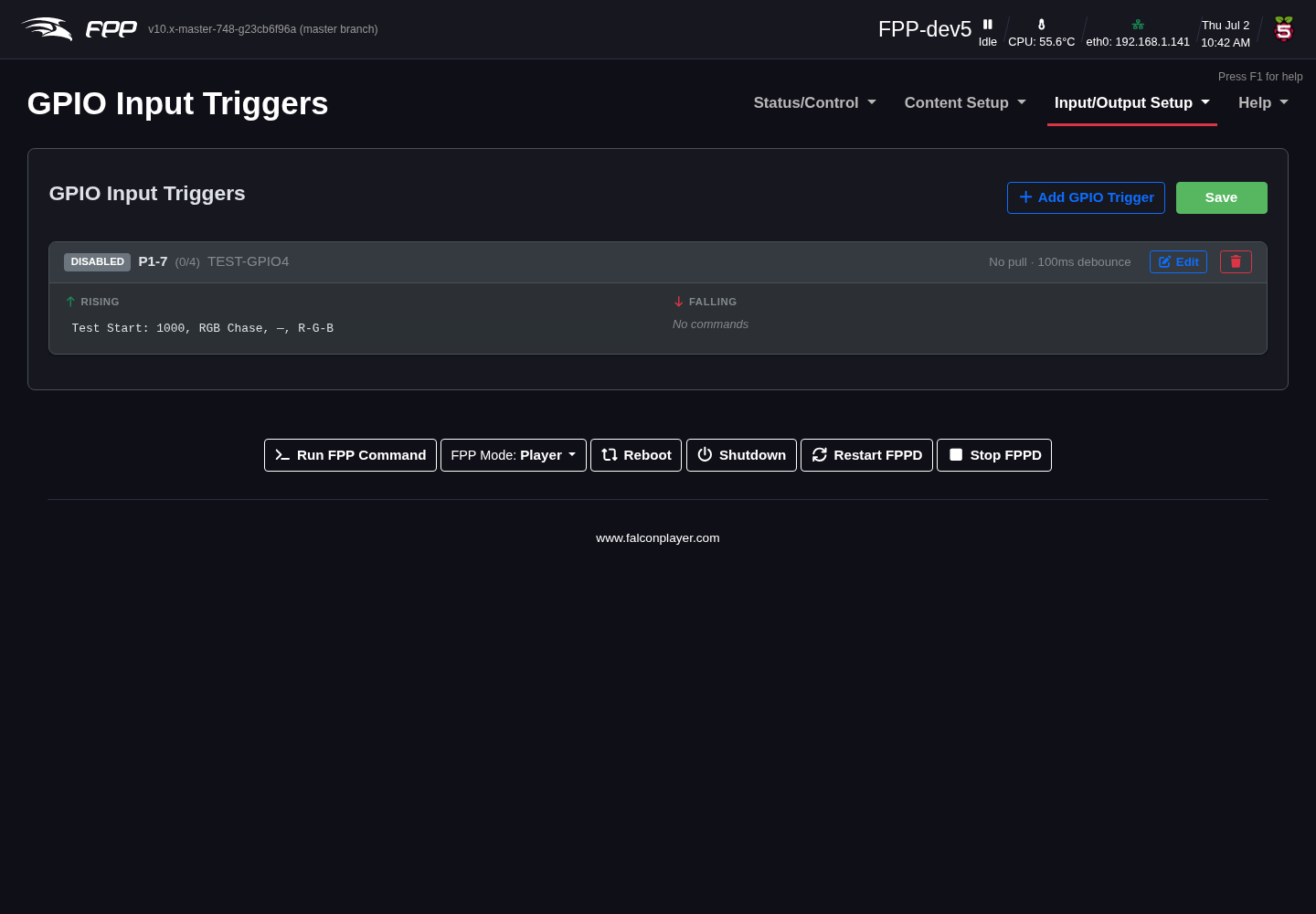 The GPIO Inputs page.
