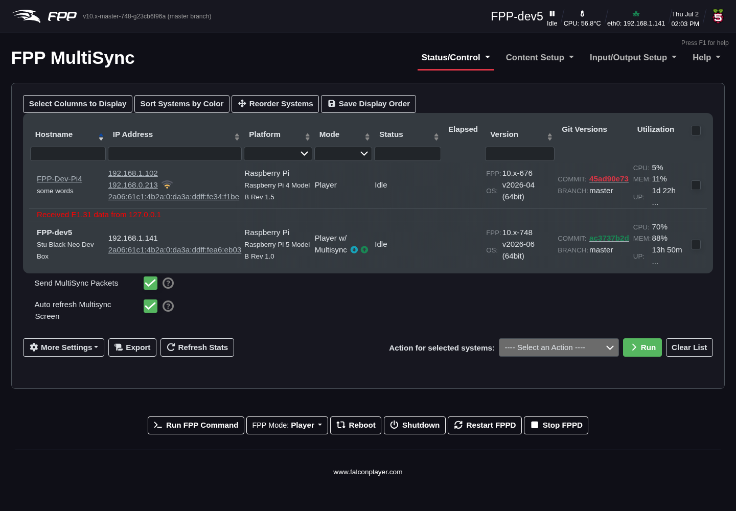 The MultiSync page listing discovered FPP systems.