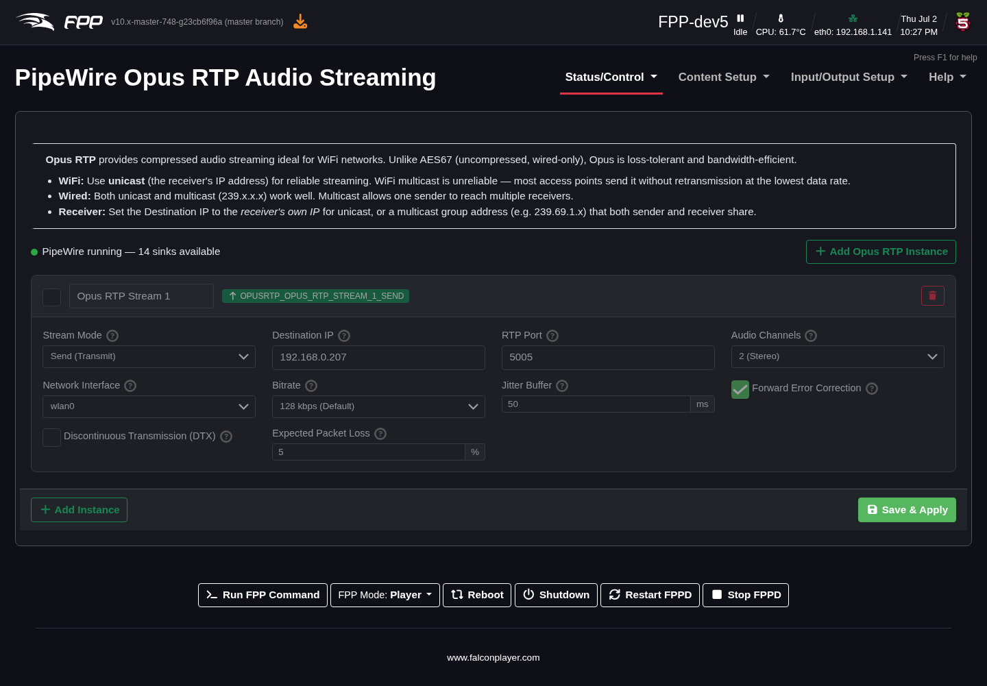 Opus RTP audio streaming configuration.