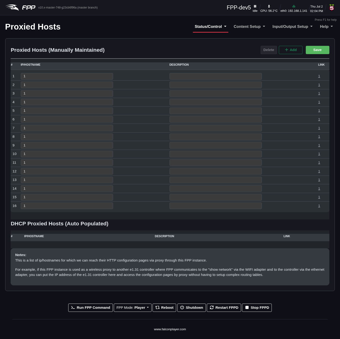 The Proxy Settings page.