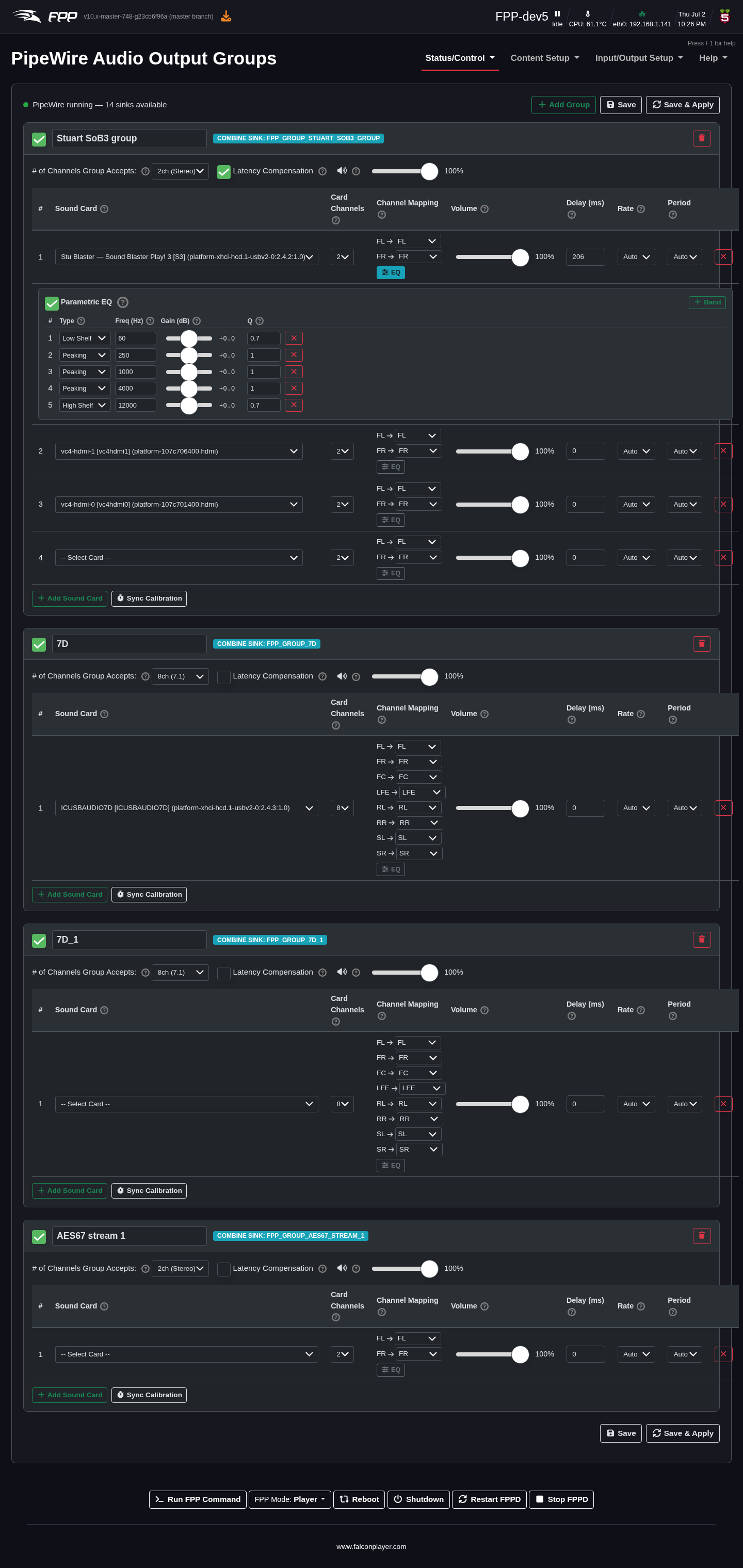PipeWire Audio Output Groups, with per‑card channel mapping, delay and parametric EQ.