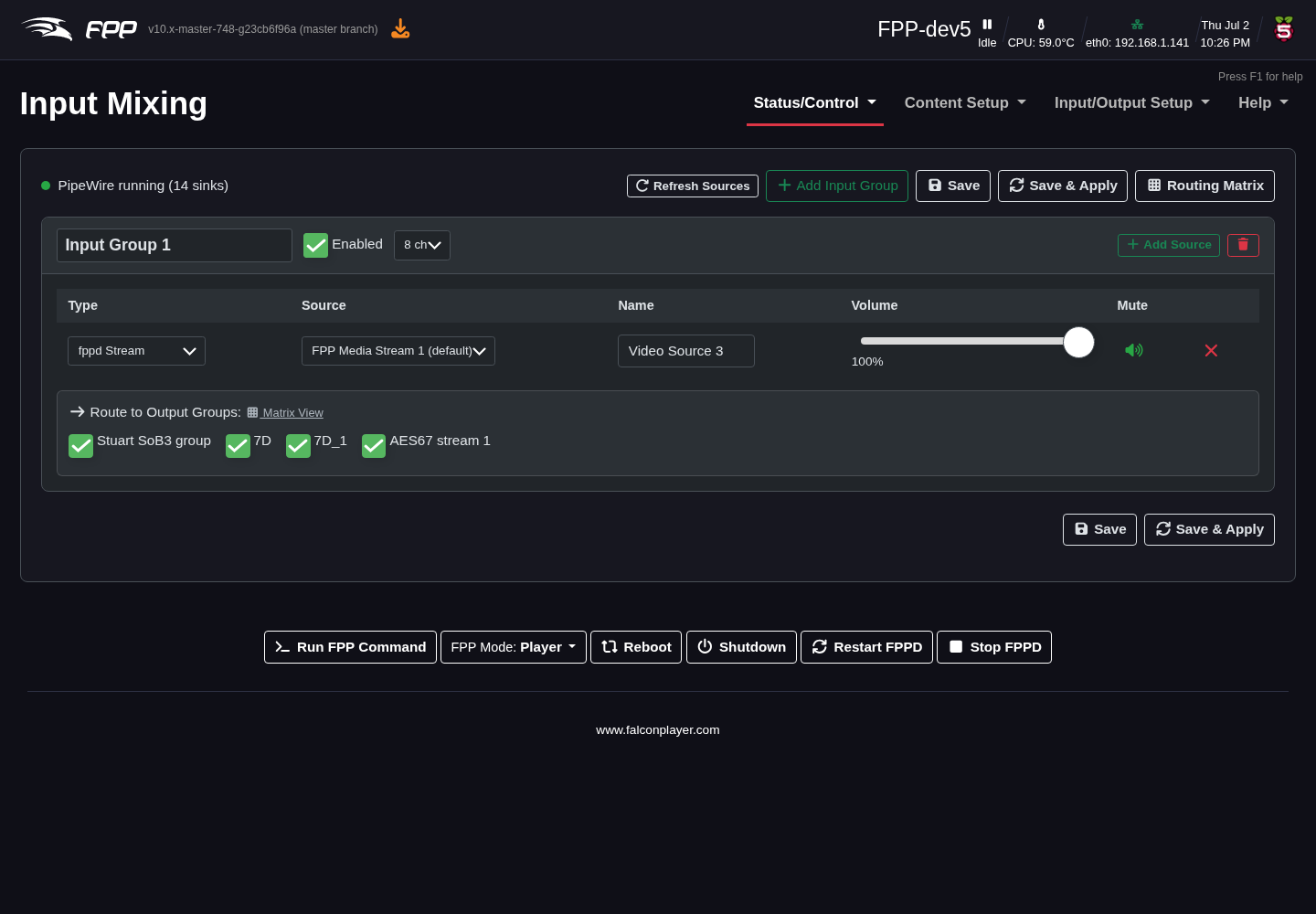 PipeWire Input Mixing — input groups and their sources.