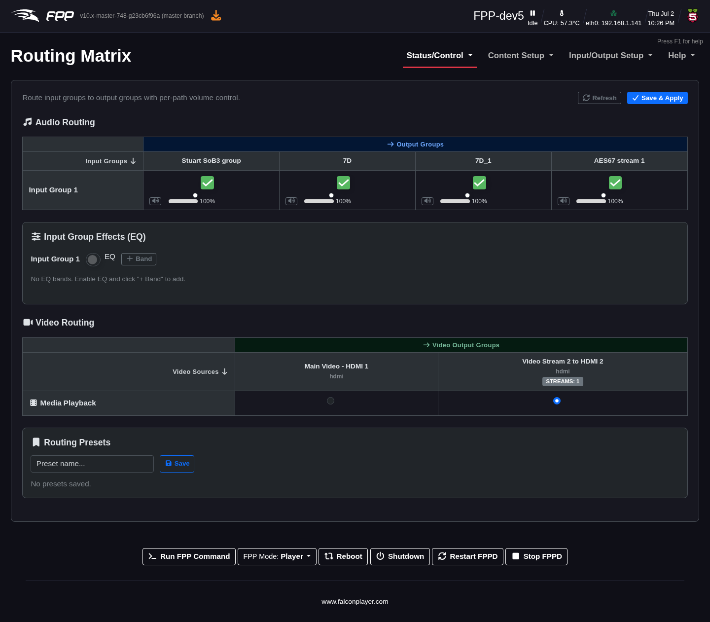 The Routing Matrix — audio input×output grid with per‑path volume, input‑group EQ, and video routing.