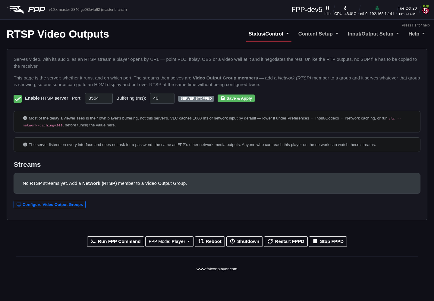 RTSP Video Outputs — the server settings and the streams it is serving.