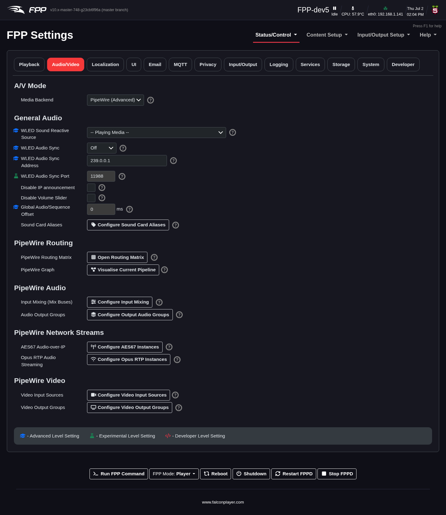 Settings — Audio/Video tab (PipeWire pipeline).