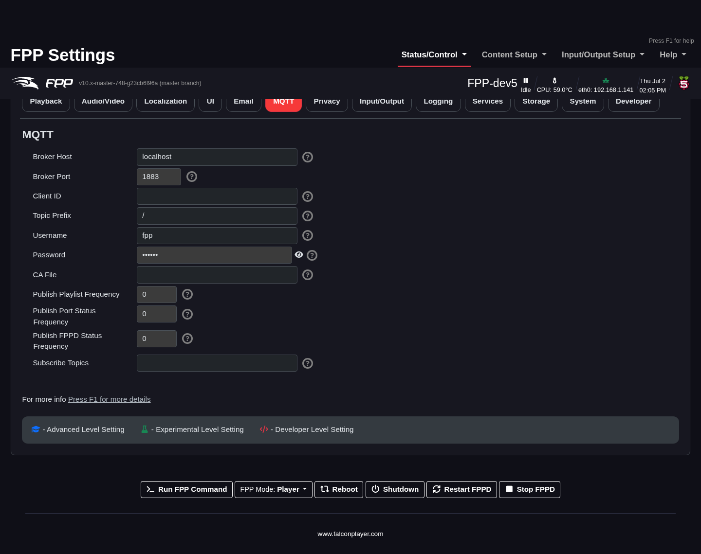 Settings — MQTT tab.