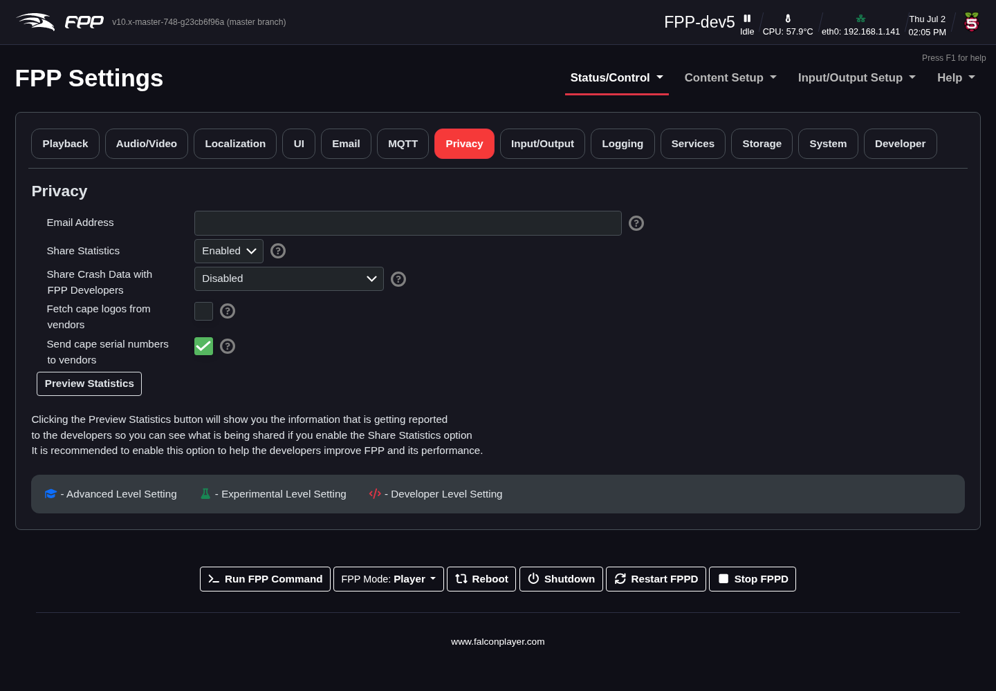 Settings — Privacy tab.
