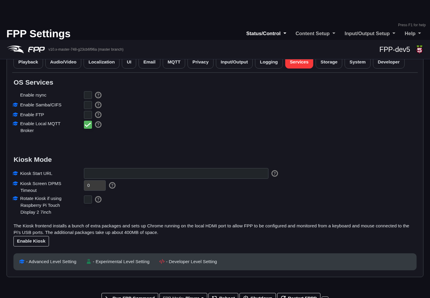 Settings — Services tab.