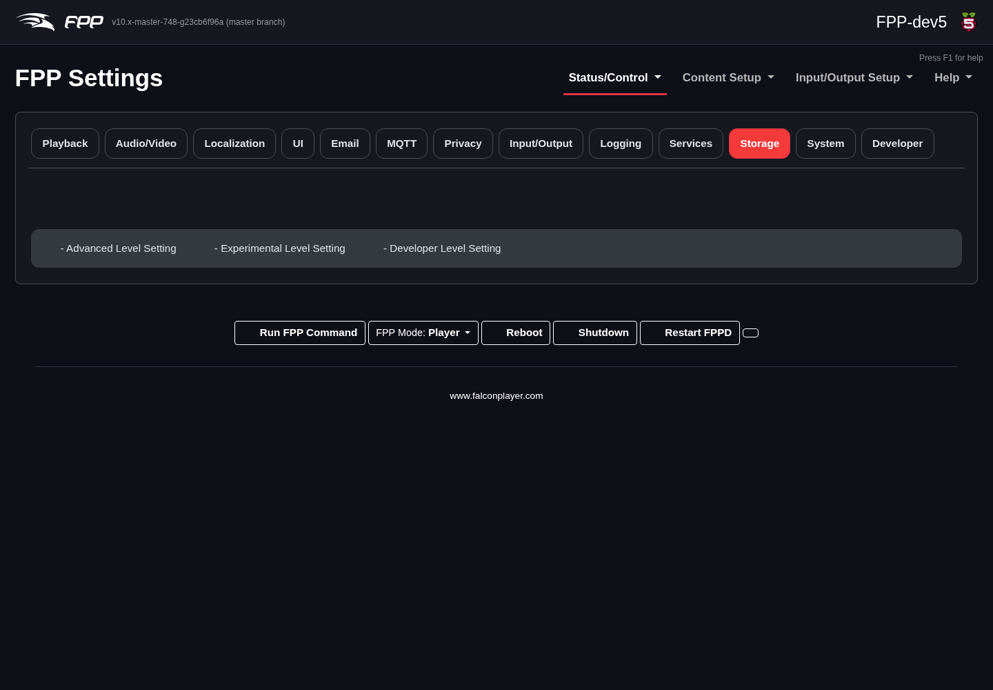 Settings — Storage tab.