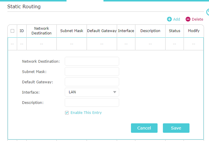 A router's Static Routing configuration page.