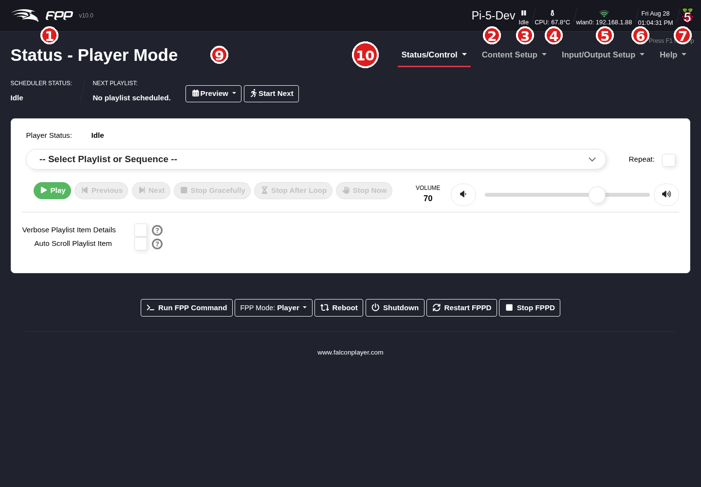 The header and navigation section (Status page shown).