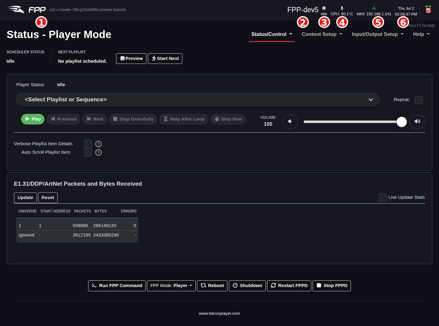 The header and navigation bar (Status page shown).