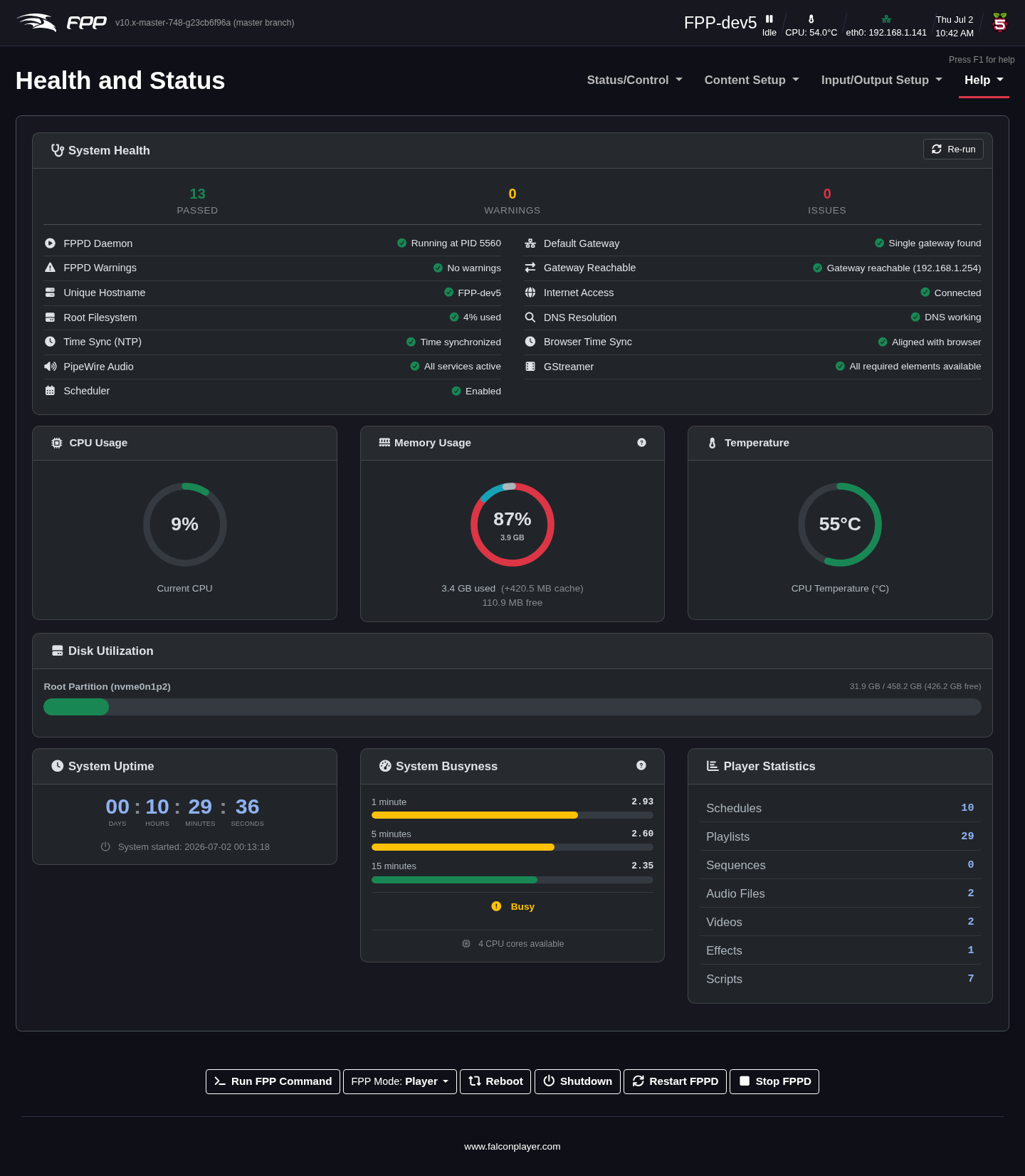 The System Health Check (Health and Status) page.