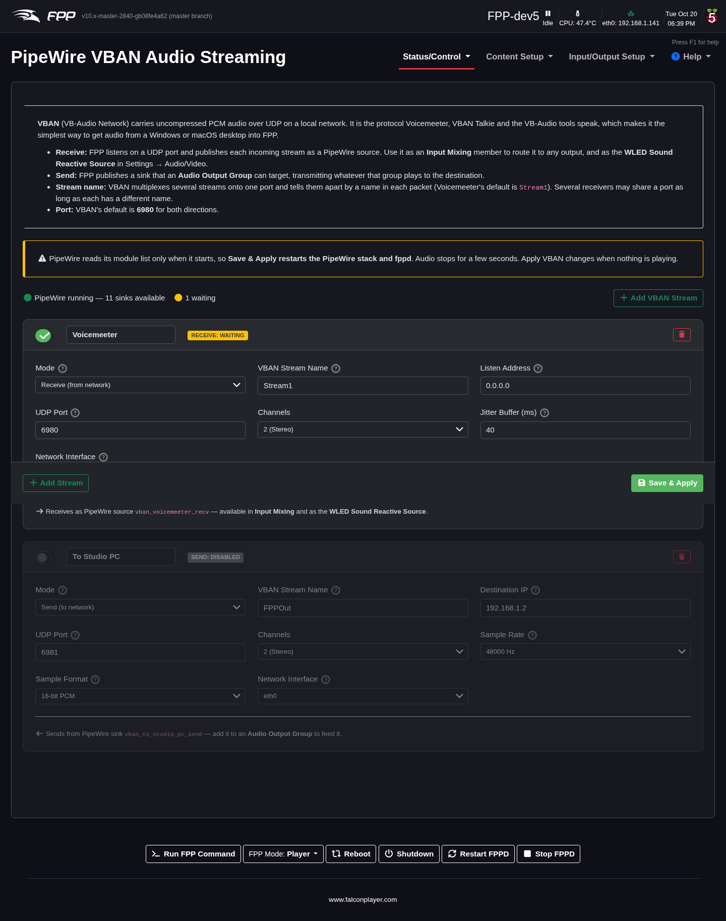 VBAN audio streaming configuration.